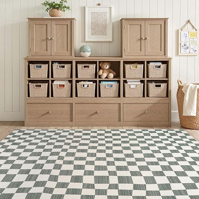 jinchan 5x7 Checkered Area Rugs for Kids Room - Machine Washable Soft Rug Modern Geometric Lattice Non-Slip Carpet for Nursery Playroom Classroom Living Room Bedroom Dining Room Home Office Grey
