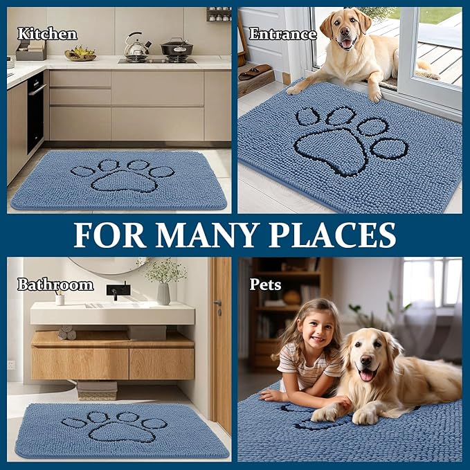 OLANLY Dog Door Mat for Muddy Paws 36x24, Paw Print Design, Absorbs Moisture and Dirt, Absorbent Non-Slip Washable Doormat, Quick Dry Chenille Mud Mat, Entry Indoor Entryway Carpet, Airy Blue