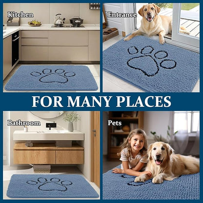 OLANLY Dog Door Mat for Muddy Paws 36x24, Paw Print Design, Absorbs Moisture and Dirt, Absorbent Non-Slip Washable Doormat, Quick Dry Chenille Mud Mat, Entry Indoor Entryway Carpet, Airy Blue