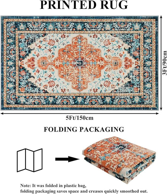U'Artlines Boho Vintage Area Rug 3x5 Machine Washable Low Pile Soft Floor Carpet Non Slip Non Shedding Accent Rug for Living Room Bedroom Entryway Dining Room Office Orange/Multi