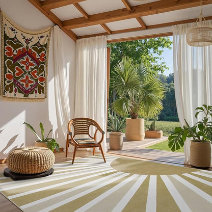 Lahome Rug for Living Room - 5'x7' Area Rug Washable Non-Slip Bedroom Carpet Ultra-Thin Cute Soft Kids Nursery Rug, Boho Rainbow Sun Print Non-Shedding Indoor Rugs for Entryway Office (5'x7', Khaki)