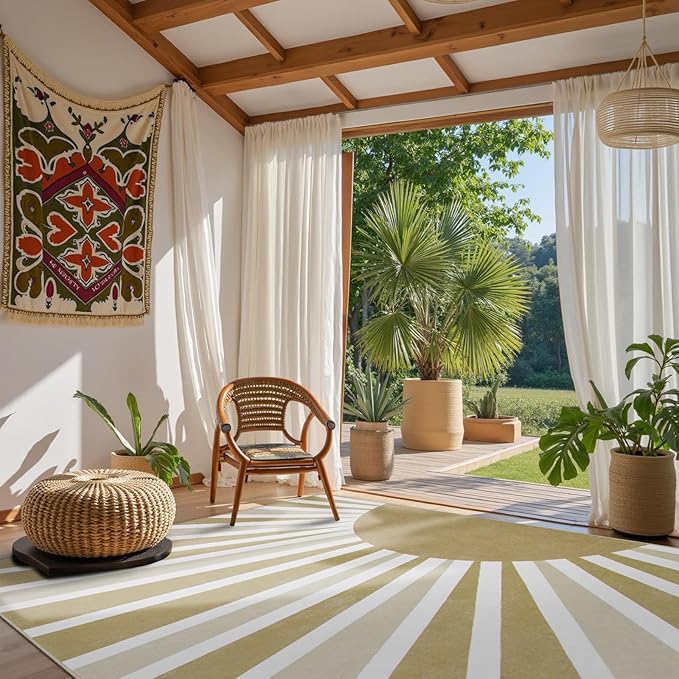 Lahome Area Rugs 9'x12' - Non-Slip Washable Living Room Rug 9x12 Ultra-Thin Large Soft Bedroom Rugs, Boho Rainbow Sun Print Indoor Non-Shedding Floor Rug for Dining Room Table Office (9'x12', Khaki)