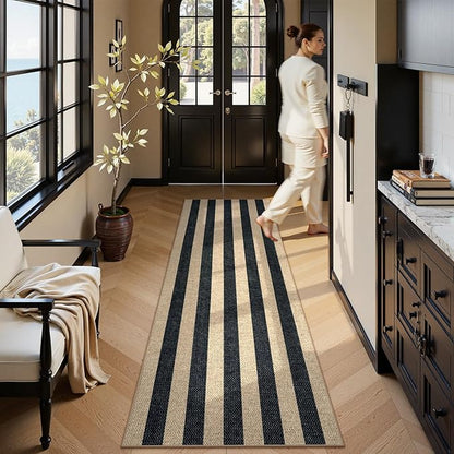 Lahome Striped Easy Jute Kitchen Runner, 2x8 Washable Runner Rug for Hallway Entryway, Farmhouse Non Slip Non Shedding Black Indoor Outdoor Carpet for Entry Porch
