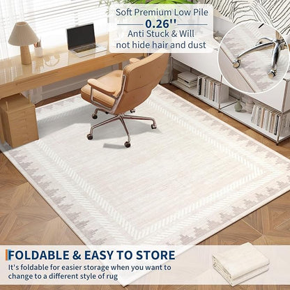 Geometric 8x10 Washable Area Rug for Living Room Dining Room Non Slip Soft Foldable Indoor Carpet Bordered Printed Large Modern Bedroom Rugs Stain Resistant, Beige