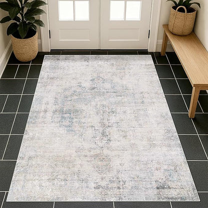 Washable Light Blue Rugs for Entryway Indoor - 3x4 Throw Rug for Large Kitchen, Bedroom Bedside, Bathroom, Mudroom, Mordern Abstract Medallion Décor, Non Slip Low Pile Fade Resistant
