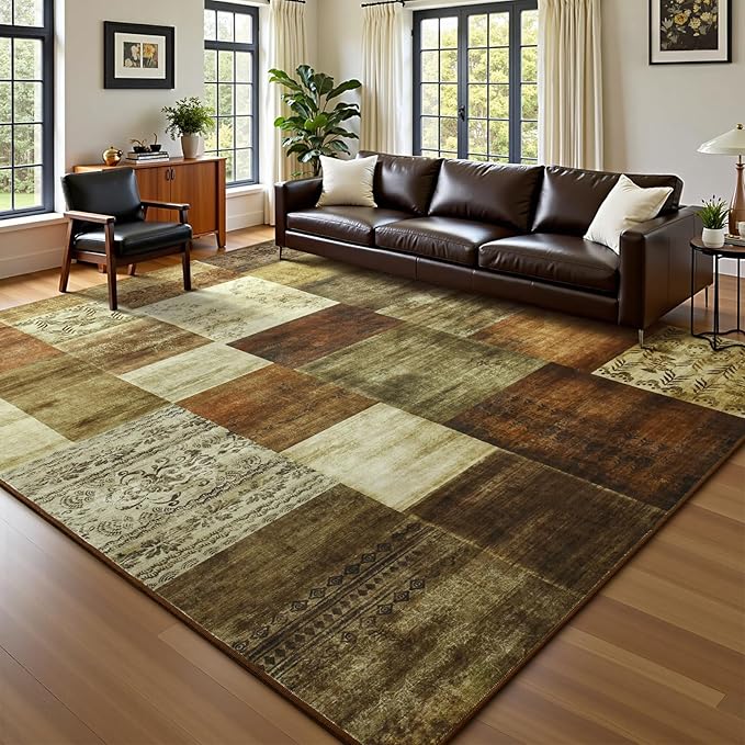 DweIke Large Modern Washable Area Rugs 8x10, Living Room Rug Non-Slip and Non-Shedding Large Rugs for Bedroom, Low Pile Indoor Rubber Backed Carpets for Dining Office Home Decor, Brown