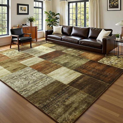 DweIke Washable Area Rugs for Living Room, 6x9 Large Bedroom Rugs, Geometric Print Non Slip Low Pile Indoor Throw Carpets for Bedroom Apartment Dining Room Home Office Hardwood Floor, Brown