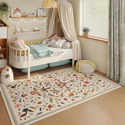 Vintage Medallion Floral 4x6 Rug, Machine Washable Non-Slip Area Rug, Low Pile Soft Carpet for Entry, Living Room, Office, Kids, Girl/Boys Room | Beige