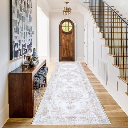 Runner Rug 2x6 Vintage Rugs, Machine Washable Kitchen Runner Retro Medallion Distressed Rug Non-Slip Soft Low Pile Hallway Rugs for Entryway Bedroom Bathroom Laundry(Beige,2'x6')