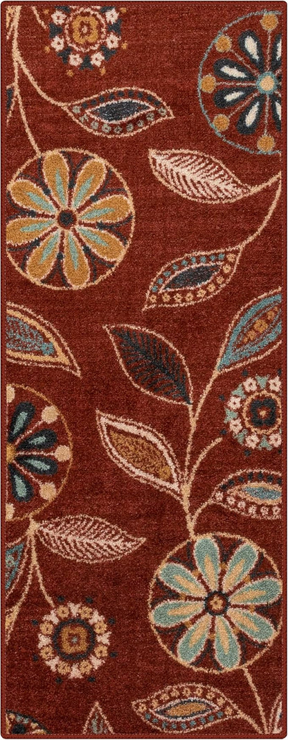 Maples Rugs Reggie Floral Runner Rug - Made in USA - Washable, Non Slip Indoor Carpet for Kitchen, Hallway, and Laundry Room, 1'8 x 5, Merlot