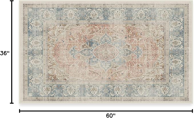RUGGABLE Washable Vintage Area Rug – Sarrah Coral 3x5, Stain-Resistant, Non-Slip – Small Machine Washable Rugs for Living Room, Bedroom, Hallway, Entryway & Office–with Cushioned Pad