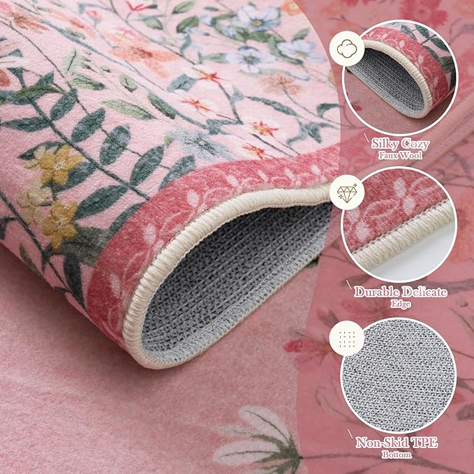 Wonnitar 2x3 Pink Bathroom Rugs Non Slip Washable, Floral Small Area Rugs for Entryway, Low Pile Soft Door Mat Indoor Entrance Throw Carpet for Kitchen Bedside Laundry Room (Pink,2'x3')