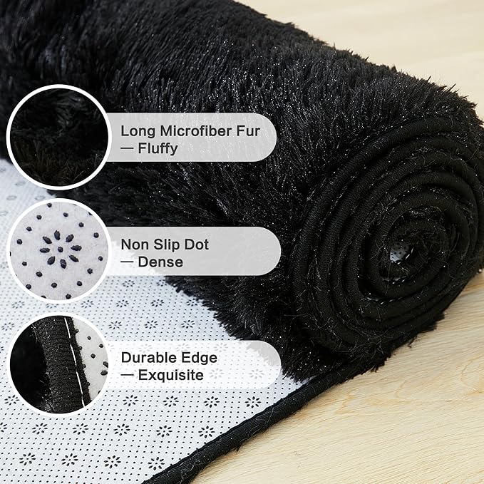 Andency Black Soft Area Rugs for Living Room Bedroom, 4x6 Fluffy Shaggy Bedside Rug, Non-Slip Large Shag Fuzzy Plush Carpets for Bedroom Kids Dorm Nursery Home Decor Aesthetic