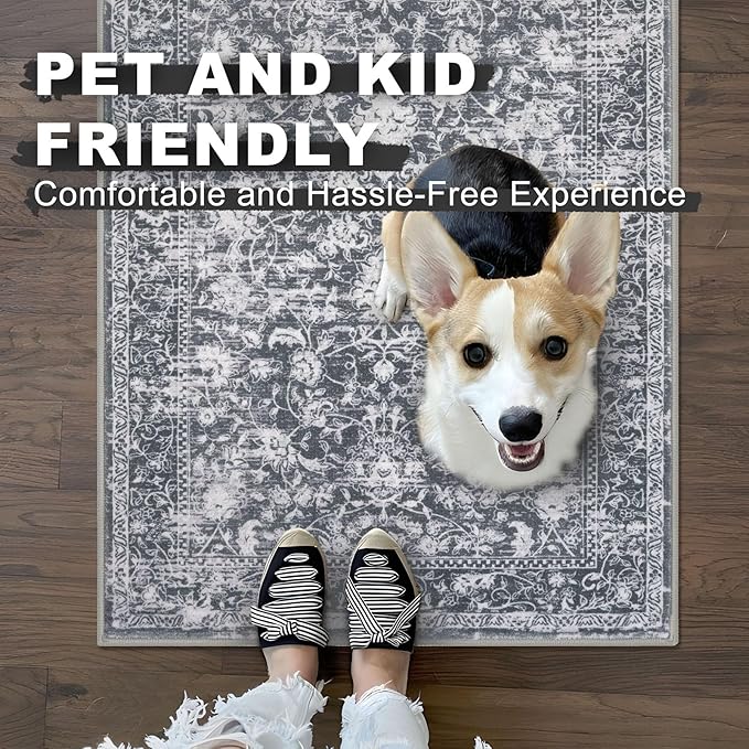 KILOCOCO Area Rug 3x5 Entryway Rug Washable Printed Vintage Floral Rubber Backed Non Slip Indoor Kitchen Rugs for Living Room Laundry Room Playroom Mudroom Moroccan Area Rugs, Grey