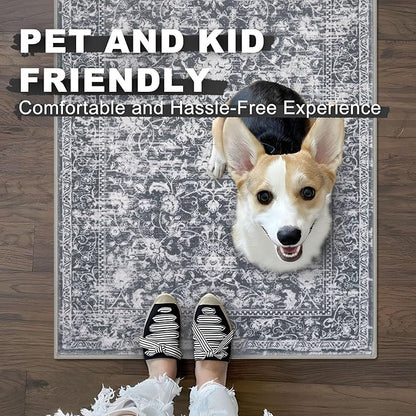 KILOCOCO Area Rug 4x6 Entryway Rug Washable Printed Vintage Floral Rubber Backed Non Slip Indoor Kitchen Rugs for Laundry Room Playroom Bedroom Living Room Moroccan Area Rugs, Grey