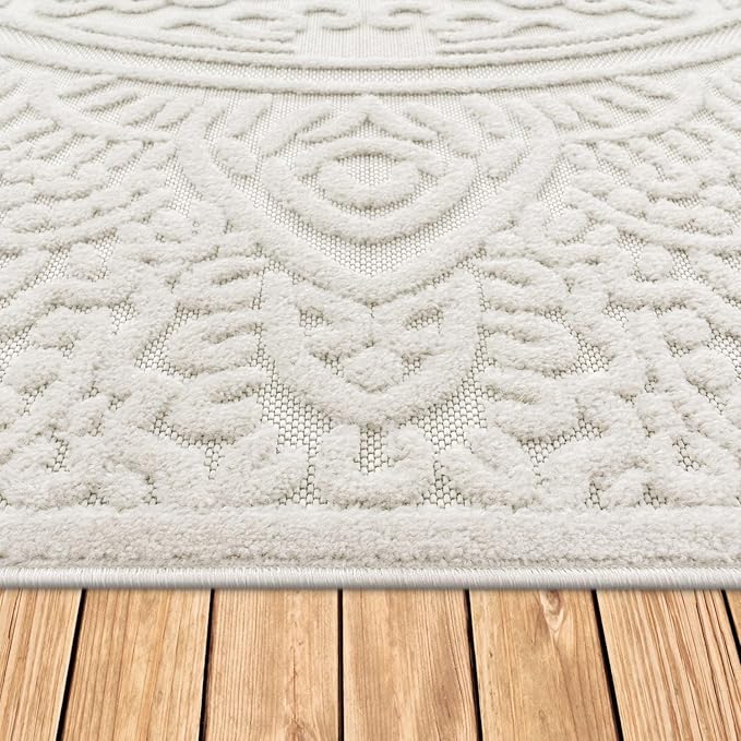 Paco Home Modern in- and Outdoor Rug with Carved Oriental Mandala Pattern in Cream, Size: 6'7" x 9'6"