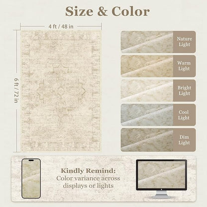 Beige 4x6 Throw Rugs for Entryway, Washable Neutral Rug with Rubber Backing for Living Room Bedroom, Vintage Medallion Distressed Area Rug for Kitchen/Bathroom/Dorm/Home Office