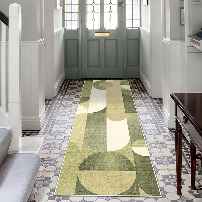 Green Runner Rug 2x6 Washable Rug Runners for Hallway Kitchen,Long Rugs for Bedroom Entryway Bathroom,Non Slip Modern Geometric Floor Carpet