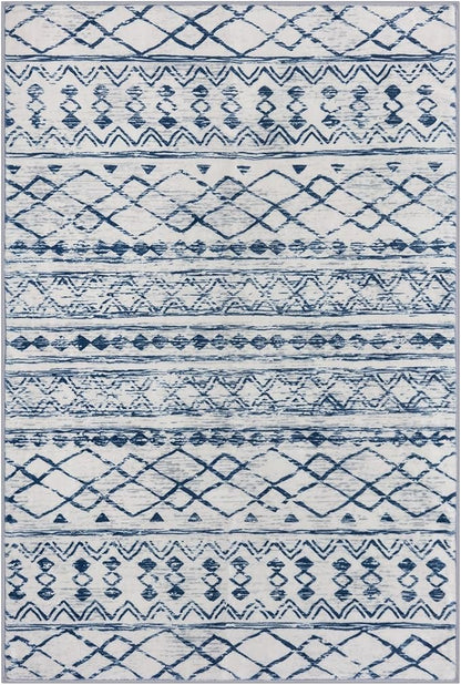 KUTA Area Rug 5x7, Moroccan Large Blue White Rugs Washable Boho Non-Slip, Ultra Soft Geometric Traditional Farmhouse Carpet for Living Room Dining Room Bedroom Dorm Office Home Décor
