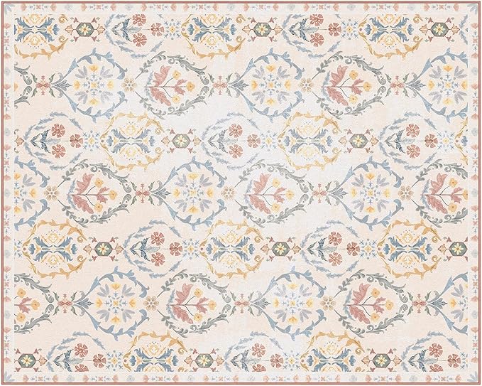 Phantoscope Washable Area Rug 8'x10' Non-Slip, Vintage Floral Boho Rugs for Living Room, Bedroom, DiningRoom, Soft Botanical Moroccan Pattern, Low-Pile Foldable Floor Carpet, Ivory Pink/Boho Garden