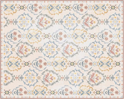 Phantoscope Washable Area Rug 8'x10' Non-Slip, Vintage Floral Boho Rugs for Living Room, Bedroom, DiningRoom, Soft Botanical Moroccan Pattern, Low-Pile Foldable Floor Carpet, Ivory Pink/Boho Garden