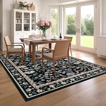 5x7 Washable Non-Slip Rug, Vintage Floral Area Rug for Living Room, Low Pile Farmhouse Distressed Carpet for Nursery Playroom Dorm Teens Office, Black