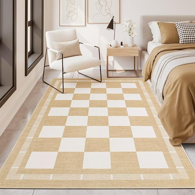 Vasofe 3x5 Plaid Rug, Jute Rugs, Washable Outdoor Indoor Checkered Carpets, Entryway Bedroom Potio Porch Kitchen Carpet, Non Slip Farmhouse Neutral Office Laundry Floor Mat, Khaki and White