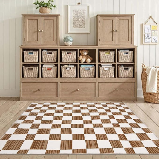 jinchan 3x5 Brown Checkered Area Rugs for Kids Room - Machine Washable Rug Modern Neutral Geometric Lattice Soft Non-Slip Carpet for Nursery Playroom Bedroom Entryway Living Room Home Office