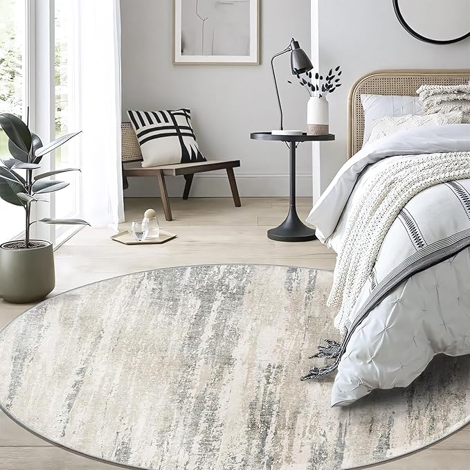MUJOO Round Rugs 5ft,Circle Area Rug Washable,Circular Throw Carpet for Living Room Dining Room,Modern Abstract Non Slip Indoor Accent Neutral Beige and Grey