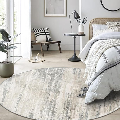MUJOO Round Rugs 5ft,Circle Area Rug Washable,Circular Throw Carpet for Living Room Dining Room,Modern Abstract Non Slip Indoor Accent Neutral Beige and Grey