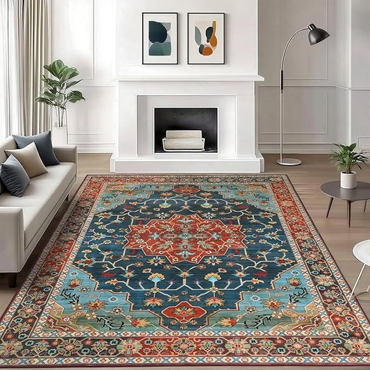 WILLSUN Washable Area Rugs, 6x9 Non-Slip Boho Large Area Rugs for Living Room, Bedroom, Machine Washable Vintage Rug, Indoor Floral Print Carpet for Home Decor, Kid & Pet Friendly Mat