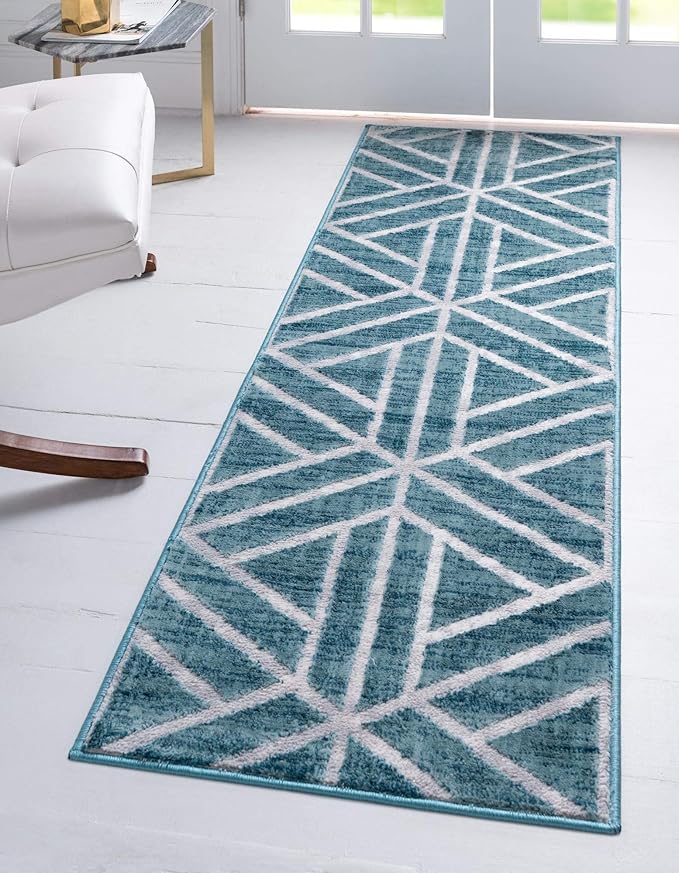 Rugs.com Lattice Trellis Collection Rug – 10 Ft Runner Blue Low-Pile Rug Perfect for Hallways, Entryways