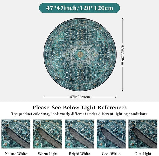 Moynesa Ultra-Thin Washable Round Rug - 4ft Oriental Circle Area Rugs for Bedroom Entryway, Teal Vintage Non Slip Non Shedding Low Pile Carpet for Living Room Coffee Table Kitchen