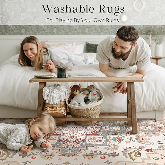 Phantoscope Washable Area Rug 6'x9' Non-Slip, Vintage Boho Rugs for Living Room, Bedroom, Dining Room, Persian Floral Medallion Pattern, Low-Pile Foldable Floor Carpet, Ivory Rose/Fall Bloom