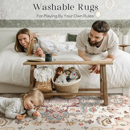 Phantoscope Washable Area Rug 6'x9' Non-Slip, Vintage Boho Rugs for Living Room, Bedroom, Dining Room, Persian Floral Medallion Pattern, Low-Pile Foldable Floor Carpet, Ivory Rose/Fall Bloom
