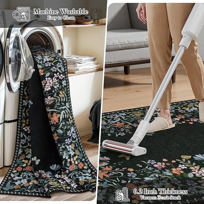 Wonnitar Washable 6x9 Area Rugs, Floral Print Large Living Room Rug, Non-Slip Soft Black Rugs for Bedroom, Ultra-Thin Vintage Botanical Rugs Carpet for Dining Room Guest Room (Black,6'x9')