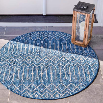 Unique Loom Outdoor Trellis Collection Area Rug - Tribal Trellis (8' Round, Blue/ Ivory)