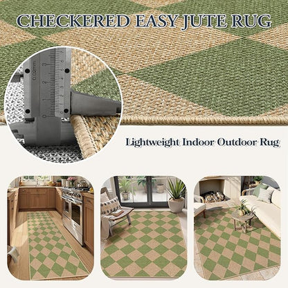 Lahome Green Checkered Easy Jute Rug, 3x5 Washable Outdoor Rug Neutral Rug for Entryway, Checkerboard Non Slip Non Shedding Floor Carpet for Living Room Front Door Porch