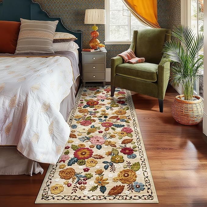 2'6''x8' Machine Washable Runner Rug, Kitchen Hallway Area Rug Beige Vintage Boho Floral Ultra Non-Slip Low Pile Soft Faux Wool Carpet, Kids and Pets Friendly for Bedroom Entryway Nursery Decor Rug