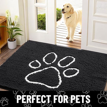 Smiry Dog Door Mat for Muddy Paws, Absorbent Dirt Trapper Non Slip Quick Dry Washable Chenille Mat for Mud Dogs, Entry Rug for Indoor and Outdoor (48x30 Inches, Black and White)