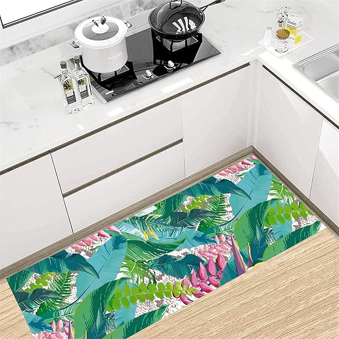 Tropical Rug Runner 1.3x7ft - Non-Slip Durable Floral Leaf Pattern Carpet for Hallway, Stairs, Entryway, Easy Clean Floor Decor