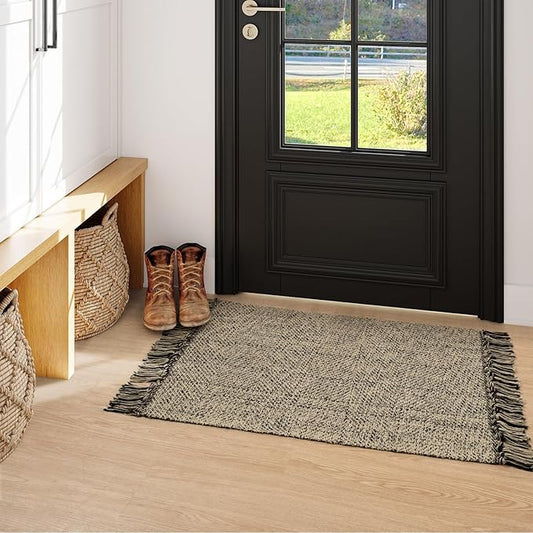 Collive Washable Small Bathroom Rug 2x3, Hand Woven Low Profile Front Door Mat Natural/Black Farmhouse Entryway Rugs, Cotton Reversible Kitchen Carpet for Foyer Bedroom Door Decor