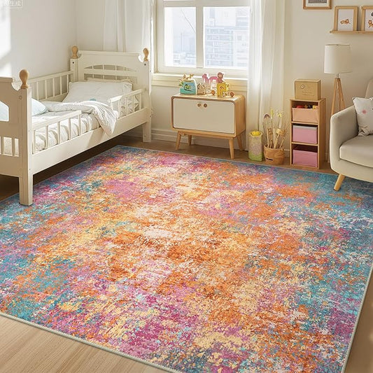 Washable Area Rugs 5'x7' Non-Slip Modern Abstract Soft for Living Room Entryway Bedroom Nursery, Print Pattern, Orange Blue Pink Yellow Colorful