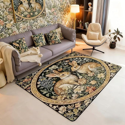 Rustic Rabbits Large Area Rug 5x7 Country Plant Leaves Floral Living Room Rug | Vintage Farmhouse Style Farm Animals Rugs for Bedroom, Cute Rabbit Botanical Carpet Indoor Floor Mat