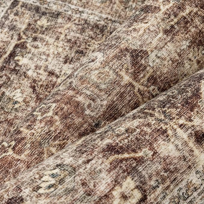 8x10 Washable Area Rug for Living Room Bedroom Rust Vintage Distressed Rustic Large Carpet Non-Slip Low Pile Lightweight Vacuumable Soft Throw Rug for Indoor Dining Room