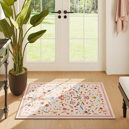 Vintage Medallion Floral Indoor Door Mat 2x3, Machine Washable Entryway Rug, Low Pile Soft Small Carpet, Non-Slip Area Rug for Entrance, Bedroom, Kitchen & Kids Room | Pink