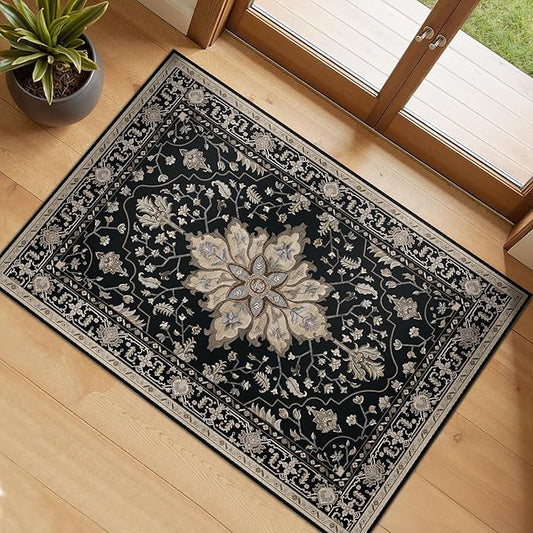 Area Rugs 2'x3' Washable Non-Slip, Floral Vintage Distress Print Pattern Medallion Carpet for Living Room Bedroom Dining Room, Black Brown Neutral Dark Tan