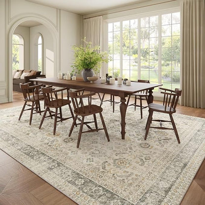 Washable 9x12 Area Rugs for Living Room, Boho Non-Slip Vintage Distress Lager Rugs for Bedroom Dining Room Nursery Office, 0.3" Neutral Oriental Throw Thin Carpet, Grey/Beige/Orange/Multi