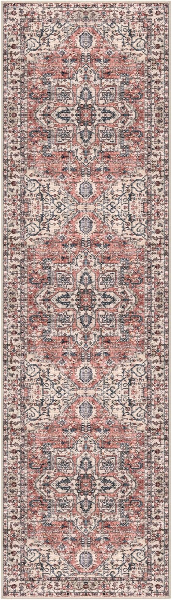 KOZYFLY Long Runners for Hallways 3x10 Ft Washable Kitchen Rug Faux Wool Printed Stair Runner Floor Carpet for Bedroom Entryway Stairs Kitchen Hall Indoor Use, Terracotta/Beige