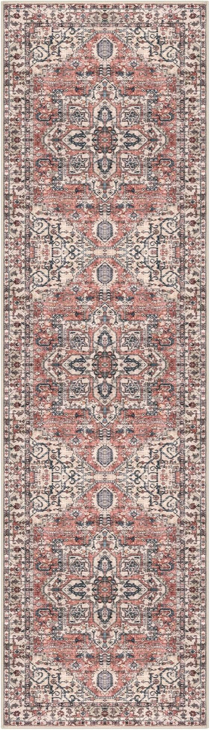 KOZYFLY Runners for Hallways 2x7 Ft Washable Kitchen Runner Rug Boho Runner Rug for Entryway Indoor Printed Faux Wool Long Floor Carpet Runner for Bedroom Laundry Kitchen Hallway, Terracotta/Beige